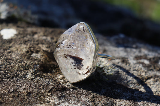 Grounding crystal ring ~ black rutilated quartz on forest floor. artisian ring