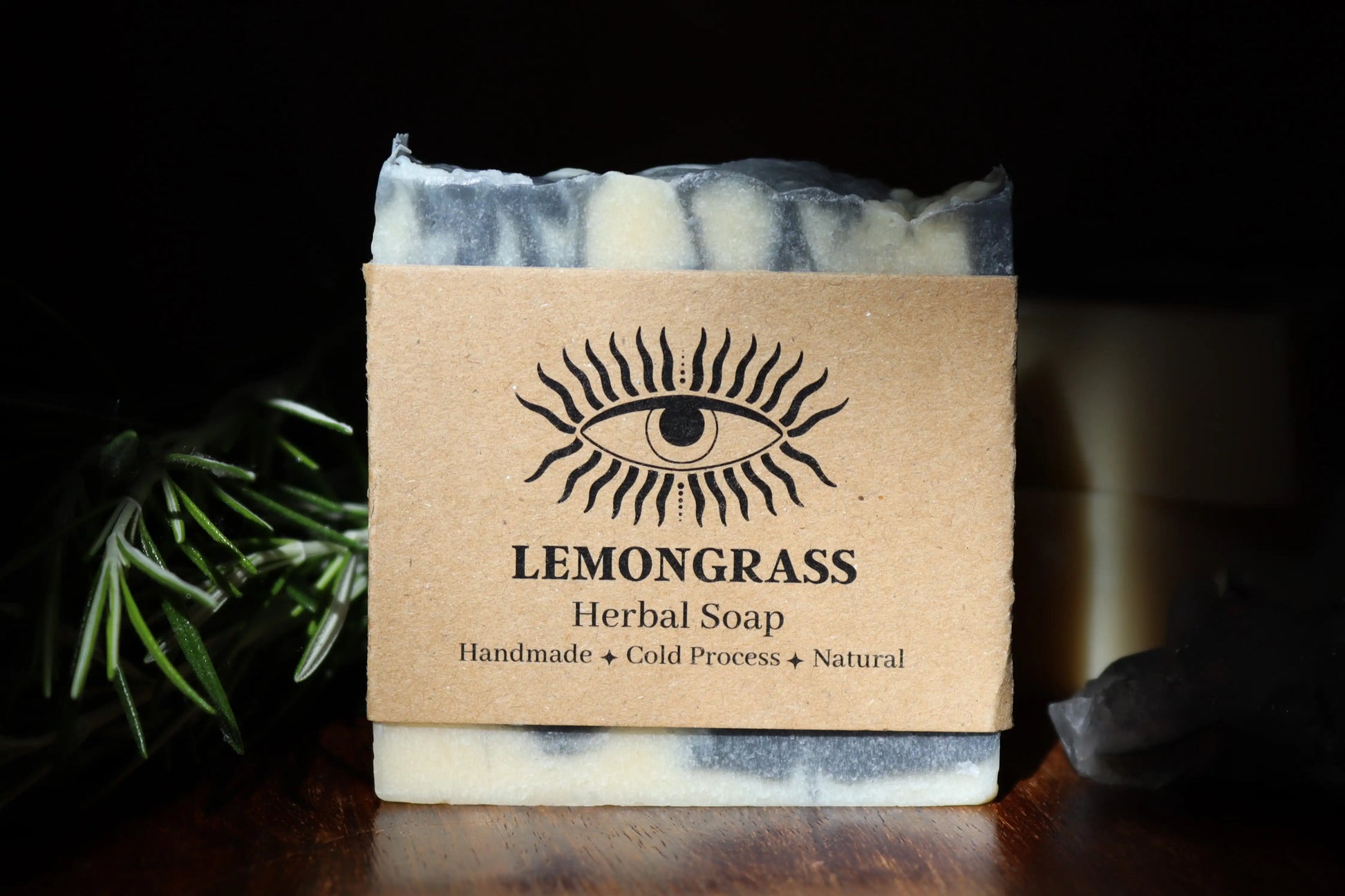 Handcrafted rosemary and lemongrass cold process soap bar by Drabarni Medicine, made in small batches with shea butter and plant oils