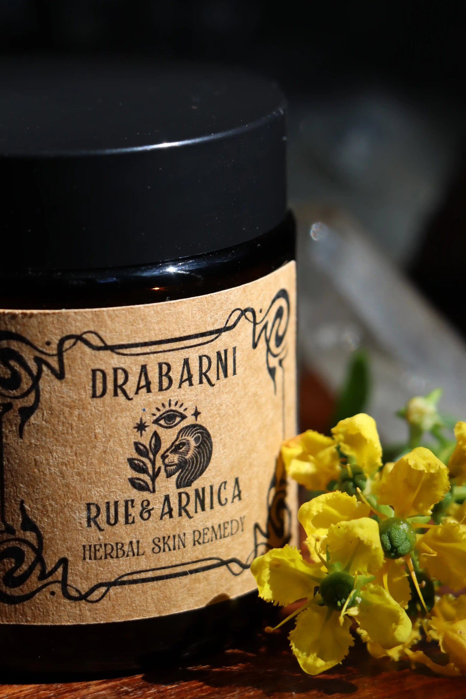 Rue and Arnica herbal pain salve by Drabarni Medicine — small batch topical salve with arnica, comfrey, rue and rosemary for bruises, sprains, joint pain and inflammation