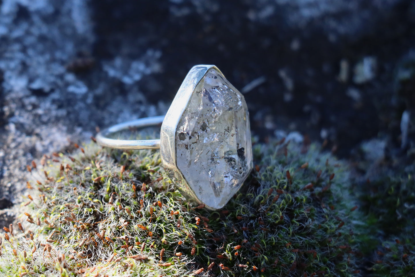 Handcrafted sterling silver rutilated quartz ring with black tourmaline