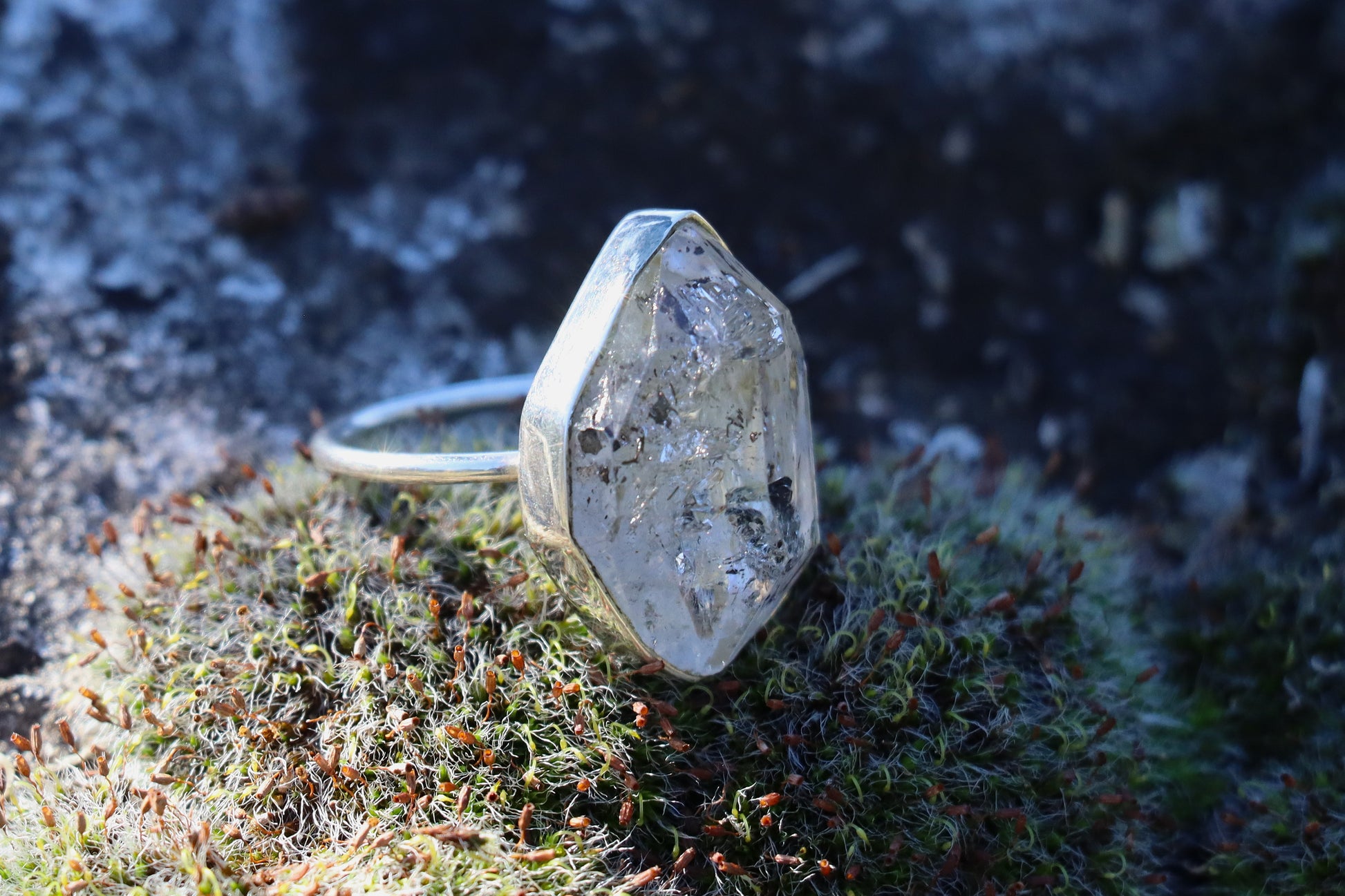Handcrafted sterling silver rutilated quartz ring with black tourmaline