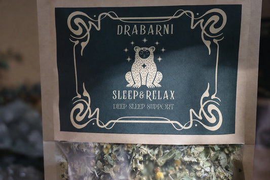 Sleep & Relax calming herbal tea blend by Drabarni Medicine — small batch loose leaf with chamomile, lemon balm, linden and lavender for natural sleep support and nervous system calm