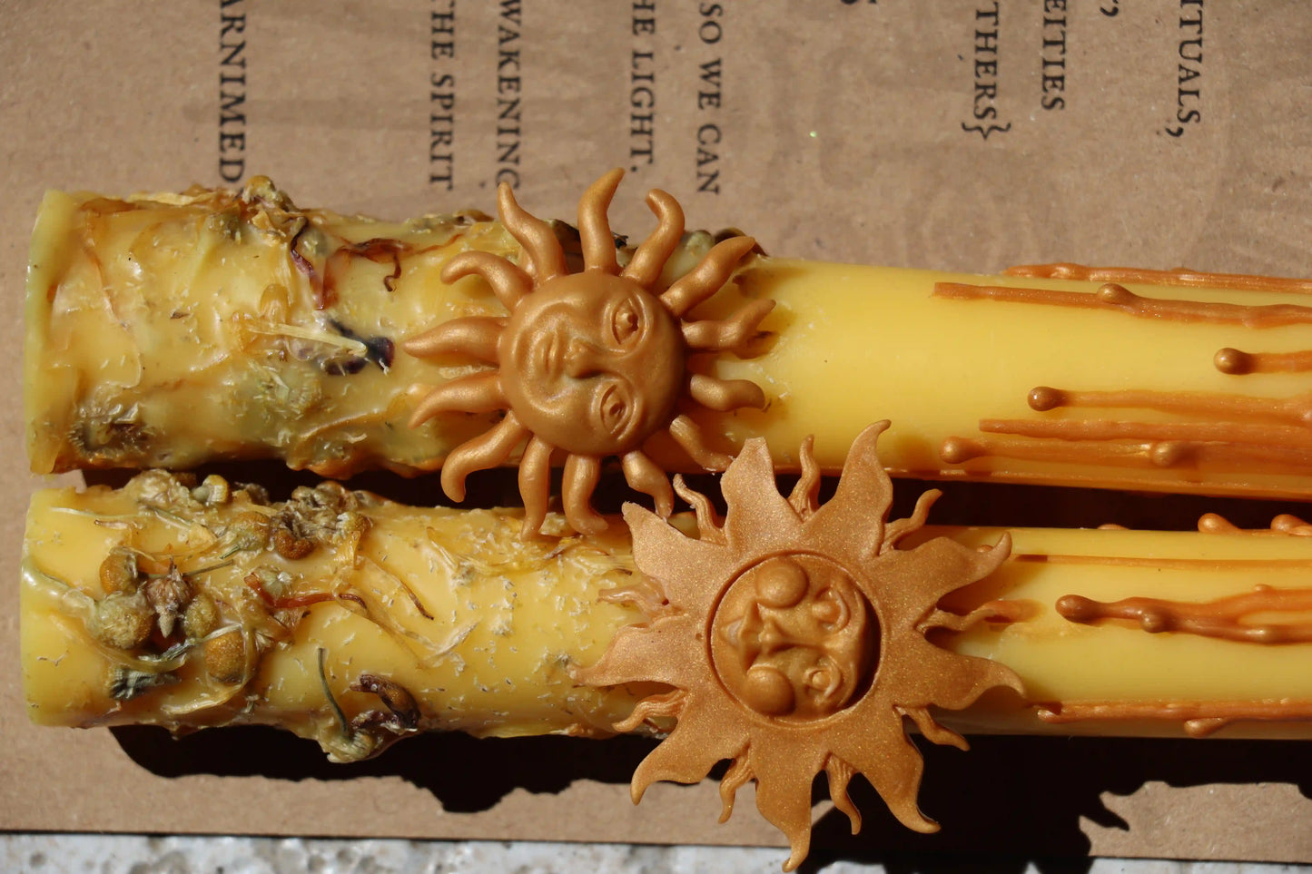 Yellow solar ritual candles for manifestation and spiritual clarity. Botanical candles for sun magic rituals, intention setting, and reconnecting with personal power. Artisan solar candles crafted with sustainable ingredients for solar deities, Sunday rituals, and heart-centered energy work.