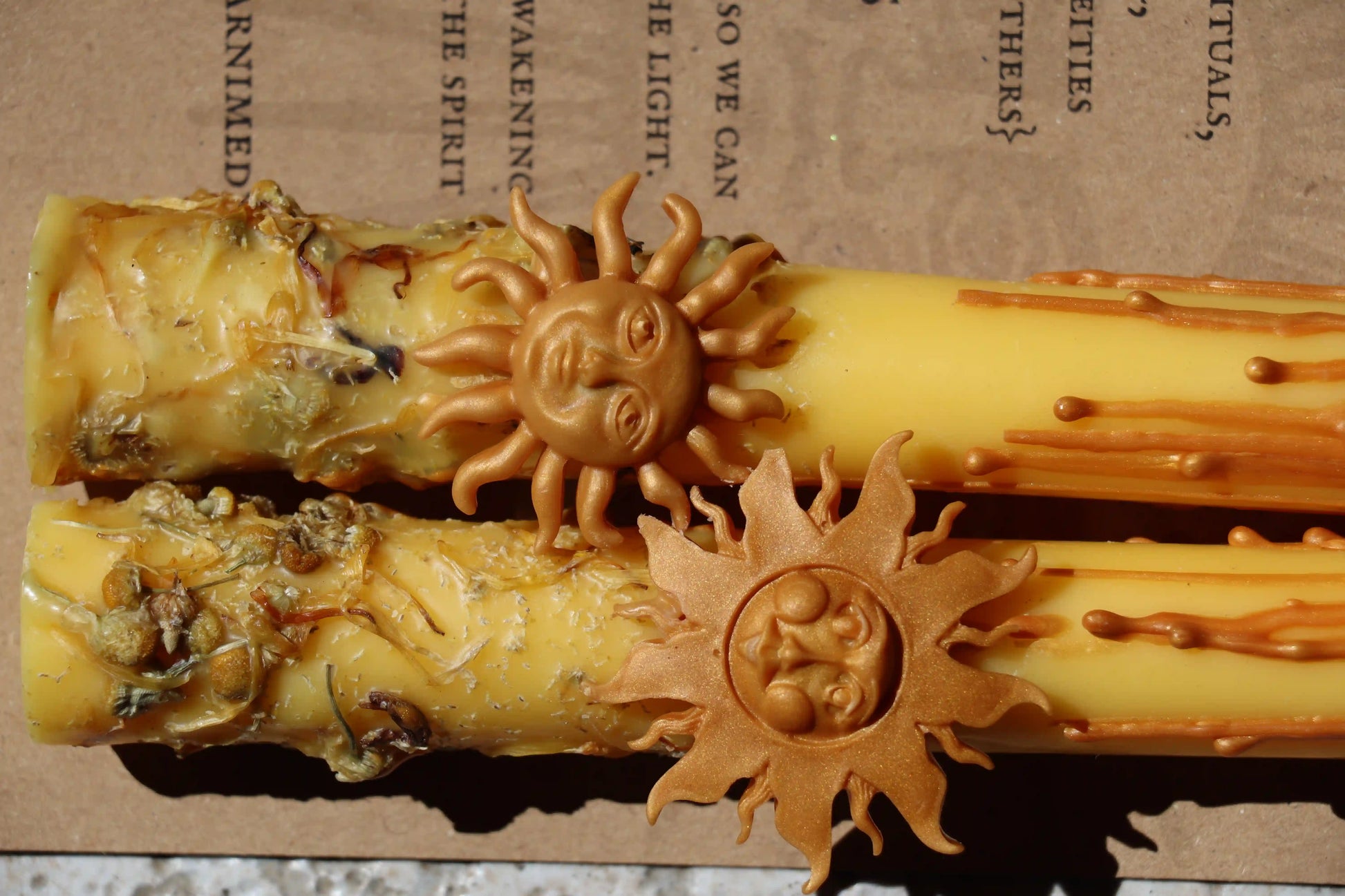 Yellow solar ritual candles for manifestation and spiritual clarity. Botanical candles for sun magic rituals, intention setting, and reconnecting with personal power. Artisan solar candles crafted with sustainable ingredients for solar deities, Sunday rituals, and heart-centered energy work.