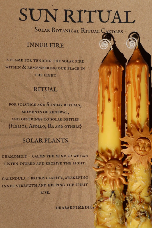 Sun Ritual botanical magic candles set of two for solar energy, vitality, and inner confidence. Hand-poured soy and beeswax ritual candles infused with Calendula and Chamomile sun herbs. Ideal for morning rituals, Sunday sun practices, and solar altar supplies honoring Helios, Apollo, and Ra.