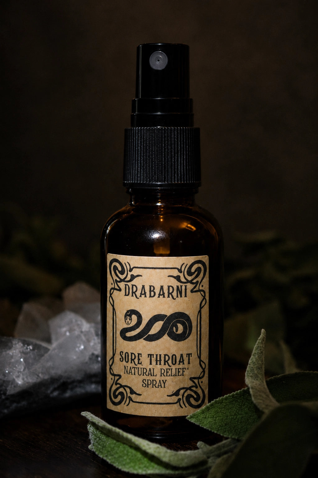 Herbal throat spray by Drabarni Medicine ~ hand-crafted with Propolis, Echinacea and aromatic herbs for sore throat relief, throat inflammation and immune support.