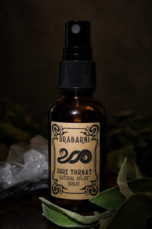 Herbal throat spray by Drabarni Medicine ~ hand-crafted with Propolis, Echinacea and aromatic herbs for sore throat relief, throat inflammation and immune support.