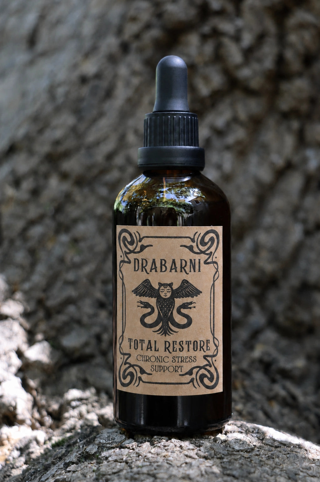 Total Restore herbal tincture for burnout, nervous exhaustion and chronic stress recovery, containing Ashwagandha, Milky Oats, Skullcap, Passionflower and Wild Lettuce