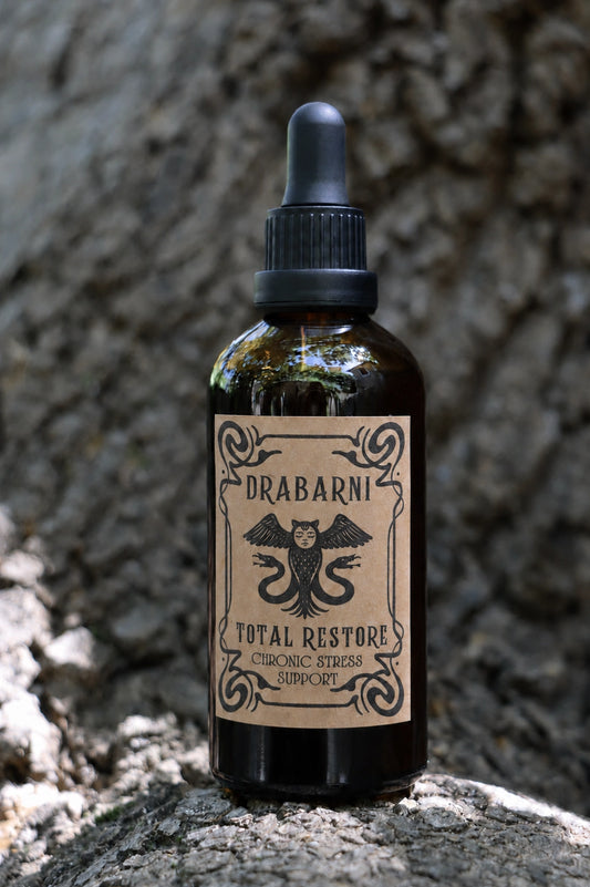 Total Restore herbal tincture for burnout, nervous exhaustion and chronic stress recovery, containing Ashwagandha, Milky Oats, Skullcap, Passionflower and Wild Lettuce