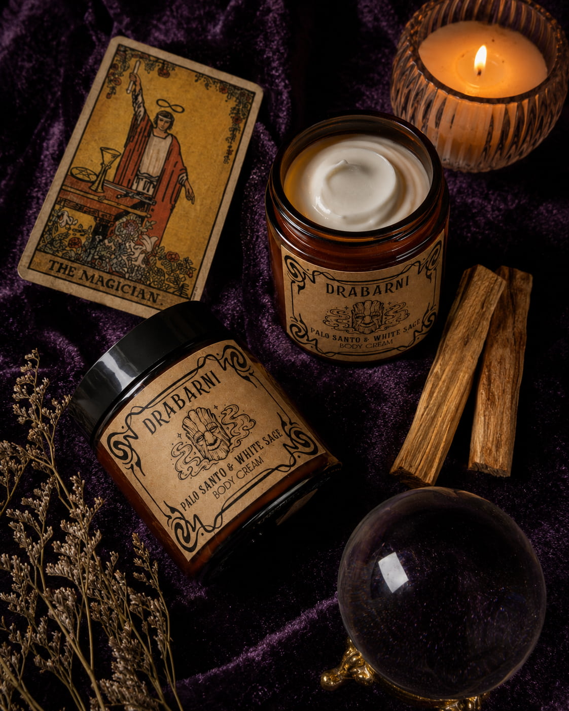 White Sage and Palo Santo ritual body cream by Drabarni Medicine ~ hand-crafted ceremonial body cream with sacred cleansing plants for energetic clearing, grounding and intentional skin care.