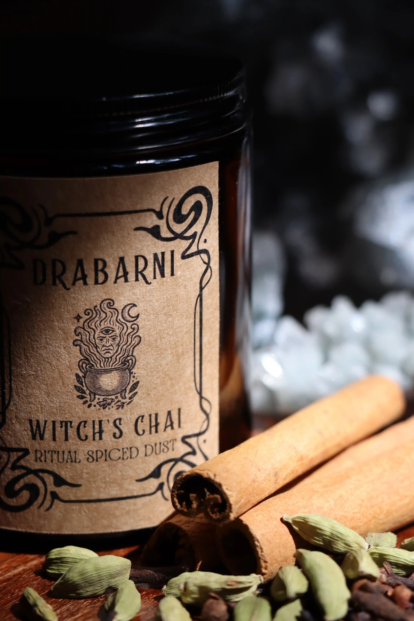 Witches Chai botanical herbal tea blend, caffeine-free Masala Chai for ritual nourishment and digestion. Hand-crafted Ayurvedic spiced tea with Cinnamon, Cardamom, and Ginger to support circulation and Agni. A spiritual warming drink for grounding rituals, clearing stagnant energy, and honoring traditional Indian folk medicine.