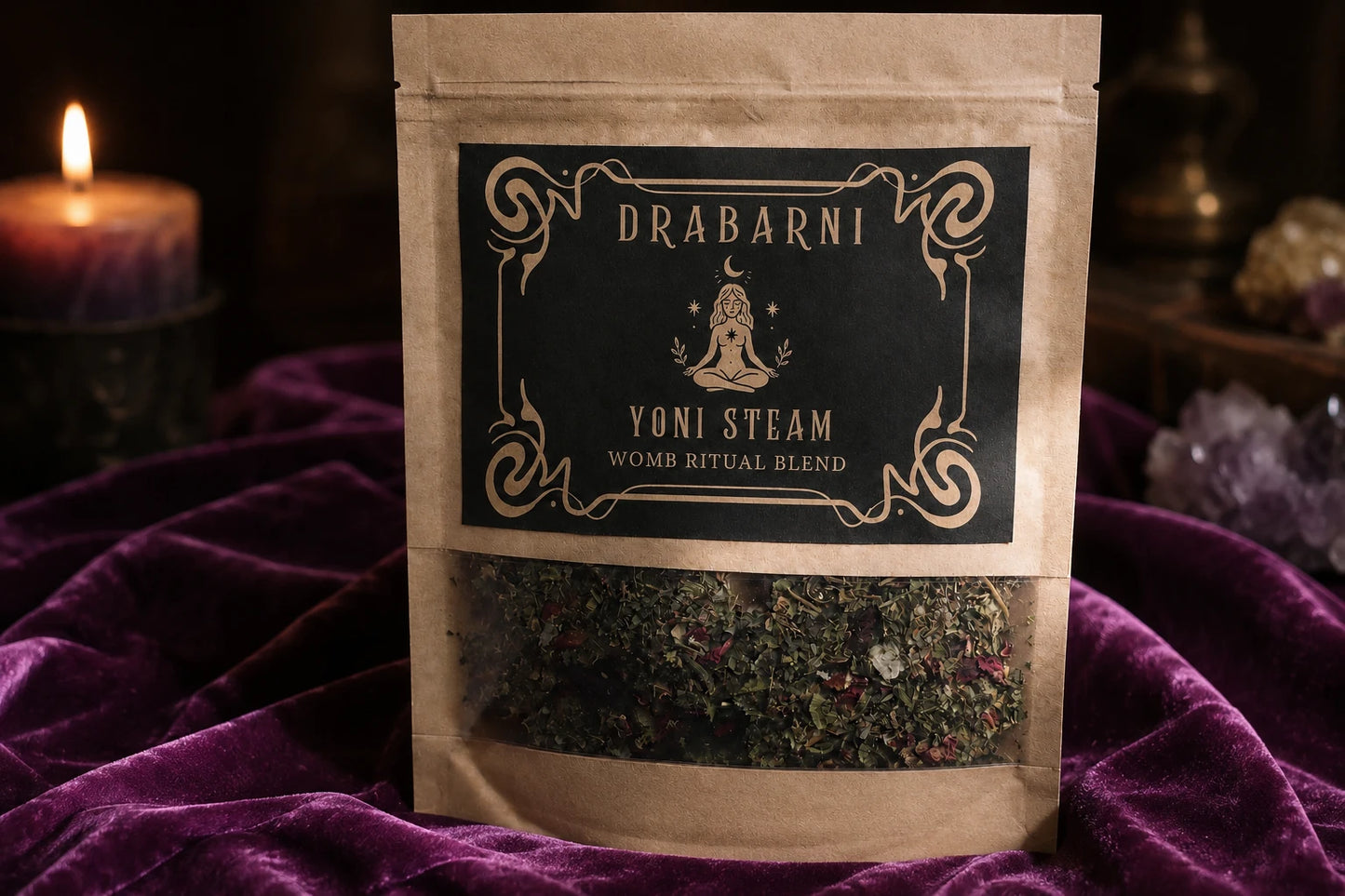 Handcrafted herbal yoni steam by Drabarni Medicine — loose herb blend with rose, calendula and yarrow for vaginal steaming, uterine toning, postpartum recovery and menstrual support